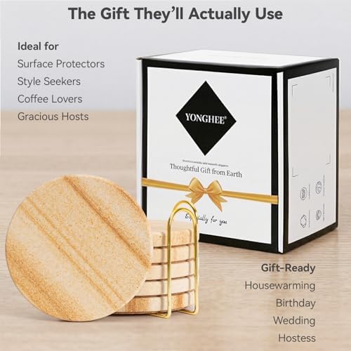 Absorbent Sandstone Drink Coasters Set of 6 with Holder, 4" Round