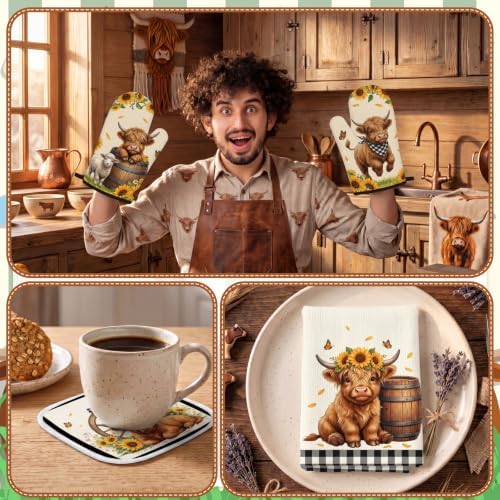 Tieshankao 10PCS Highland Cow Kitchen Decor Set, Sunflower Towels Pot