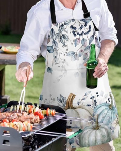 Blue White Pumpkins Fall Kitchen Aprons with Pockets Waterproof, Maple