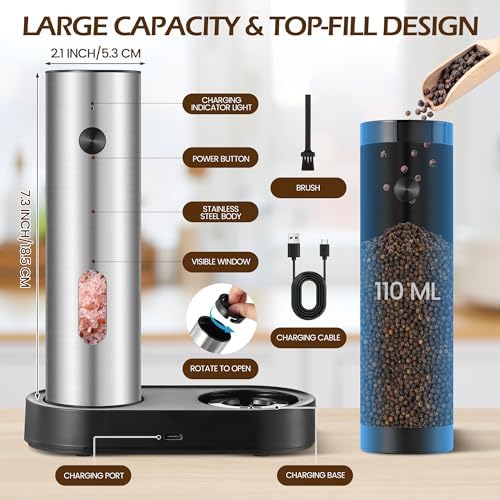 Electric Salt and Pepper Grinder Set, 110 ml, Rechargeable