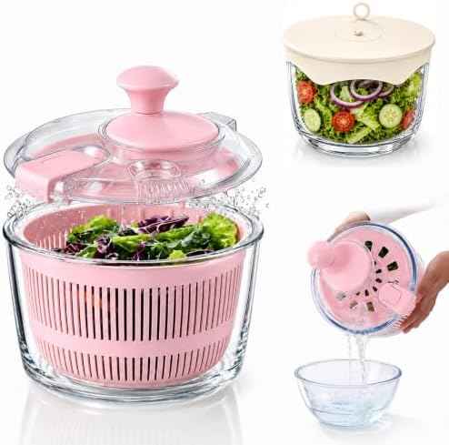 Glass Salad Spinner 3.2 Qt, Small Salad Spinner, Glass Bowl, Pink