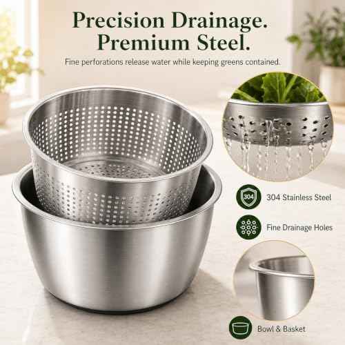 Large Salad Spinner 5.3 Qt with Stainless Steel Basket & Storage Lid, Black