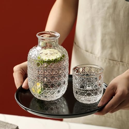 Set of 2 Vintage Bedside Water Carafe and Glass Set, Embossed Night