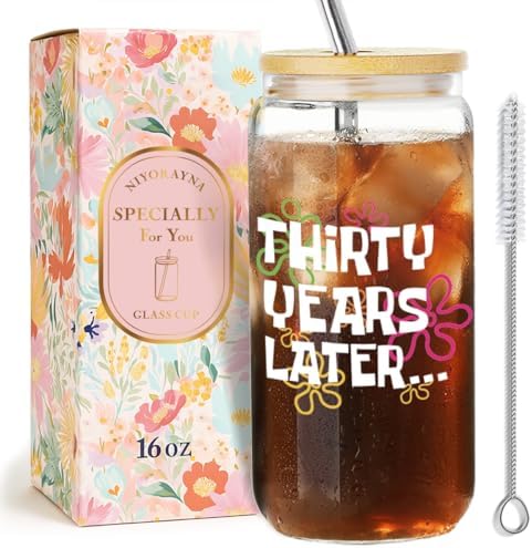 Funny 30th Birthday Drinking Glass Cup with Lids and Straw Gifts for