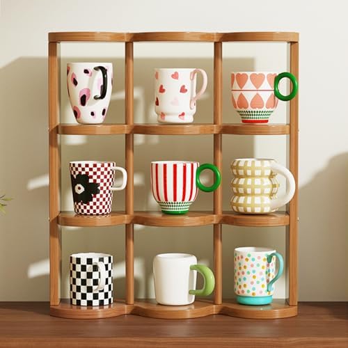 Wooden Coffee Mug Display Rack, Countertop Freestanding Grid Vintage