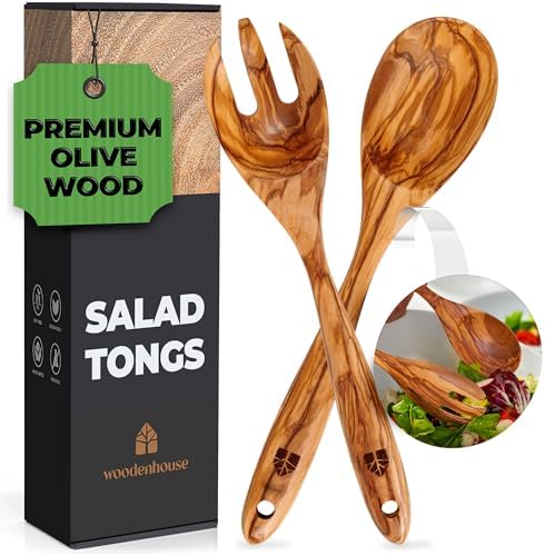 Wooden Salad Tongs, 12" Olive Wood Serving Fork & Spoon Utensils Set