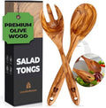 Wooden Salad Tongs, 12" Olive Wood Serving Fork & Spoon Utensils Set