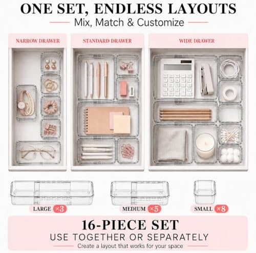 Adjustable Clear Drawer Storage Organizer, 16 Pack 3 Sizes Expandable Plastic Storage Boxes for Kitchen, Bathroom, Vanity, Office, Makeup, Desk and Closet Organization
