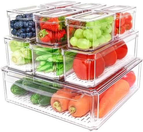 POMEAT 10 Pack Fridge Organizer, Stackable Refrigerator Organizer Bins with Lids, Produce Fruit Storage Containers for Storage Clear for Food, Drinks, Vegetable Storage