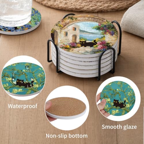 Colorful Black Cat Coasters Set of 6 with Holder