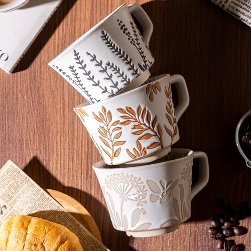 Ceramic Mugs 11 oz Unique Luxurious Cups Set of 4 with Premium Spoon