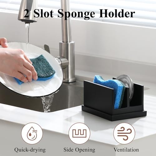 Luxspire Kitchen Sponge Holder with Drain Tray, Matte Black