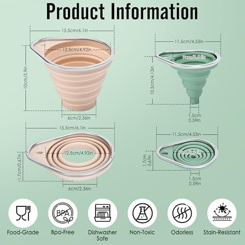 Stainless Steel Rim Silicone Collapsible Funnel Set, 2 Pack Large &