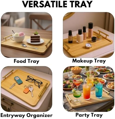 2 Pack Bamboo Serving Tray with Metal Handles, 15.8×11.4“ Solid Wooden