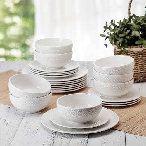 Pfaltzgraff Josephine 24-Piece Dinnerware Set, Porcelain Dish Set with Embossed Basket Weave Design, Service for 8, White Plates and Bowls Sets, Microwave and Dishwasher Safe