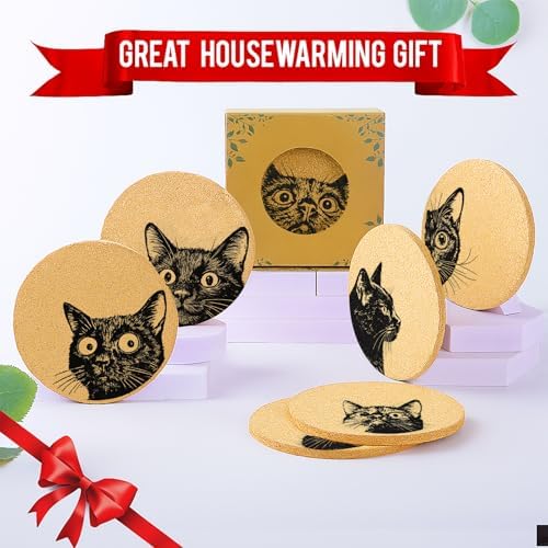 Coasters for Drinks with Holder Set of 6, Curious Cat Cork Coaster