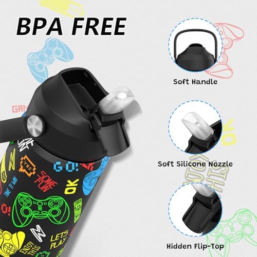 Boys Game Water Bottle for School,Kids 18 oz Insulated Stainless Steel