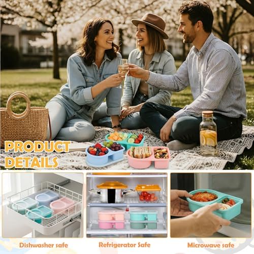 6 Pack Silicone Snack Boxes, 8 oz Dual Compartment, Not Foldable