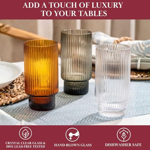 Qualia Carousel Highball Glasses Set of 4 Ribbed Glass Cups 18 oz