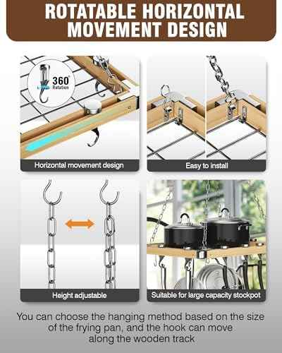 Cooks Standard Classic Ceiling Wood Pot Rack, 24x18 Inch Heavy Duty Hanging Cookware Organizer with Metal Grate & Solid Cast Aluminum Hooks, Movable Tracks Design