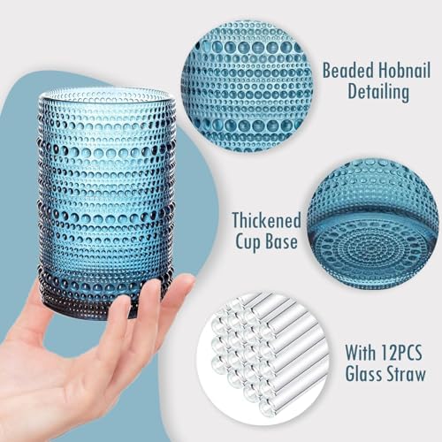 Hobnail Drinking Glasses with Straws, 15oz&12oz Vintage Glassware Set