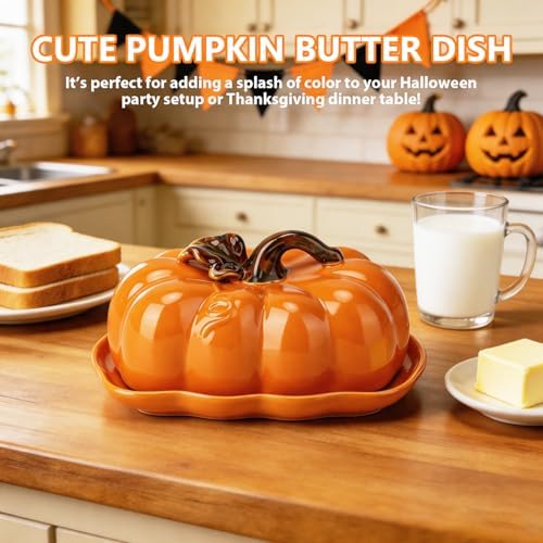Butter Dish with Lid, Ceramic Halloween Pumpkin Butter Container