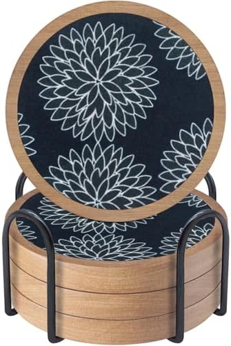 Wood Coasters Set of 4 with Holder, Cewiru Cup Mat for Drinks