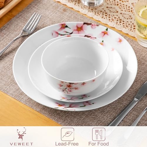 VEWEET Porcelain Dinnerware Sets for 4, 12 Piece Pink Plates Bowls