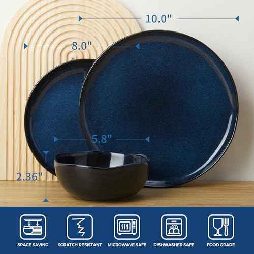 Pokini Extra Large Dinnerware Set for 12, 36 Pieces Ceramic Plates and Bowls Set, Kitchen Dish Set, Microwave & Dishwasher Safe Dishware, Ocean-Inspired Stoneware for Big Gatherings, Starry Blue