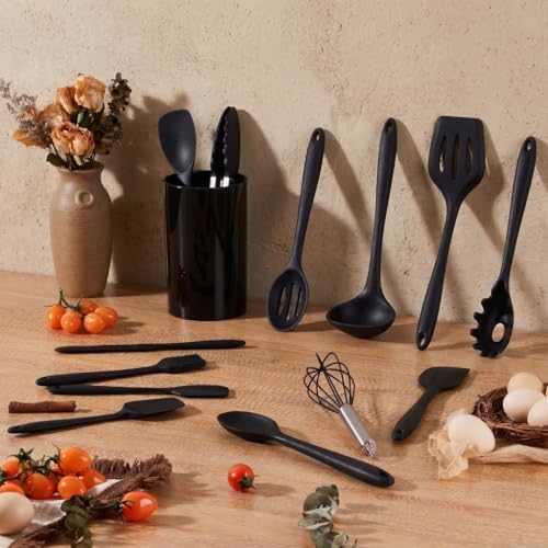 LIANYU 14 Pcs Black Silicone Kitchen Utensils Set