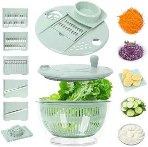 Salad Spinner Large, 5.3 QT 5 IN 1 Lettuce Spinner Dryer with 5 Blades Slicing and Pureeing Vegetables Wash Bowl Kitchen Gadgets for Efficient Salad Preparation Food Washing
