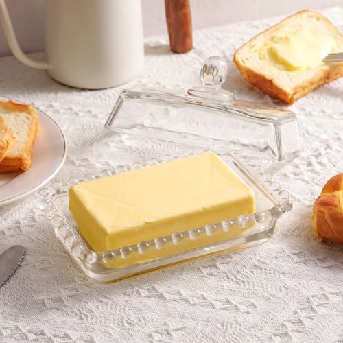 Glass Butter Dish with Lid, Clear Crystal Design, Decorative Beaded
