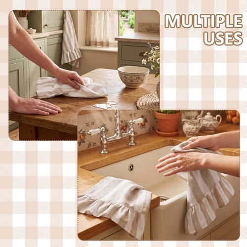 Brown Striped Kitchen Towels Set of 2, 100% Cotton Ruffled