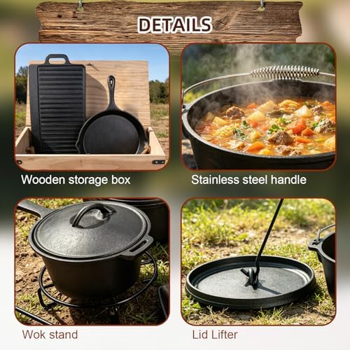 DVK 8 Piece Cast Iron Cookware Set with Vintage Wooden Storage Box