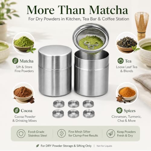 Xuronex 2-Pack Matcha Powder Sifter and Storage Tin Set, Stainless