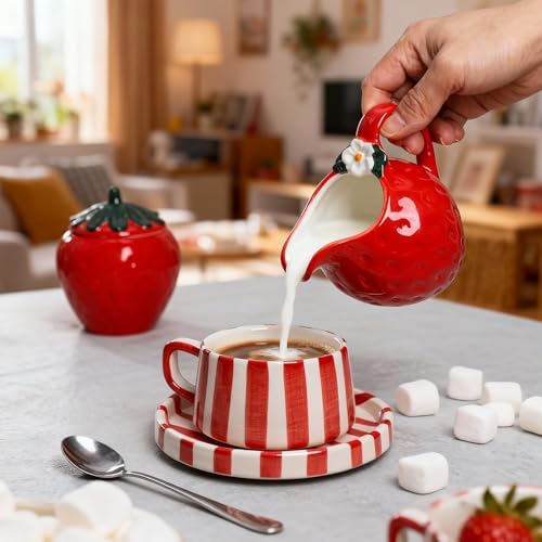 CHOOLD Ceramic Strawberry Shape Creamer and Sugar Bowl Set, Cream