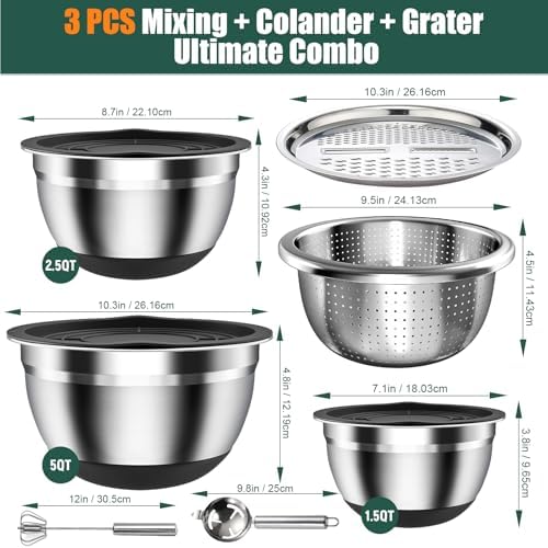 Stainless Steel Mixing Bowls Set with Lids & Silicone Base,7‐Piece Set