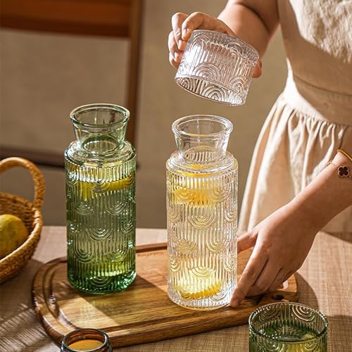 Bedside Water Carafe and Glass Set, 21.6 Oz Glass Pitcher with 6 Oz