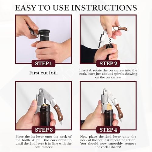 Waiters Corkscrew Wine Opener - Double-Hinged Fulcrum 3-In-1 Cork