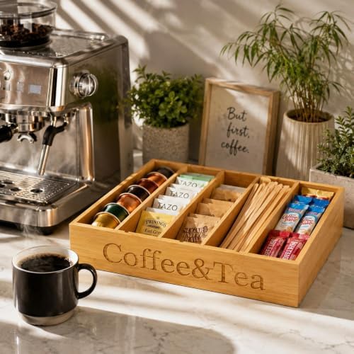 MinBoo Premium Bamboo Coffee Station & Tea Bag Organizer Box -7 Adjustable Slots with Removable Dividers, Silicone Non-Slip Pads - Eco-Friendly Countertop & Drawer Storage for K-Cups, Office Breakroom