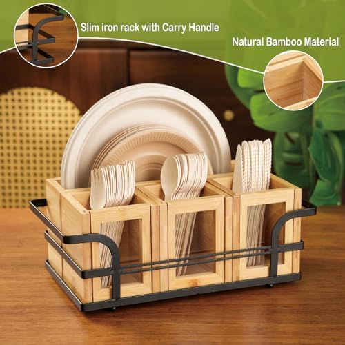 Bamboo Silverware Caddy with Paper Plate Holder