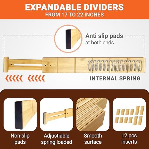 Expandable and Adjustable Bamboo Drawer Dividers with 12 Inserts