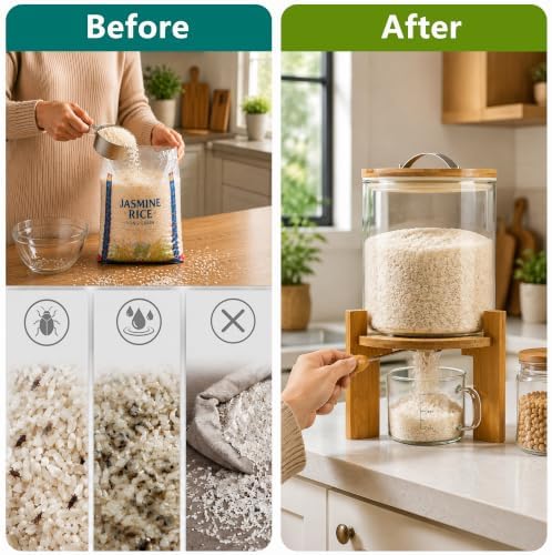 Rice Dispenser, Rice Storage Container：Flour and Cereal Container with Airtight Lid and Wooden Stand, Glass Food Storge Container for Kitchen Organization and Pantry Store (5L)