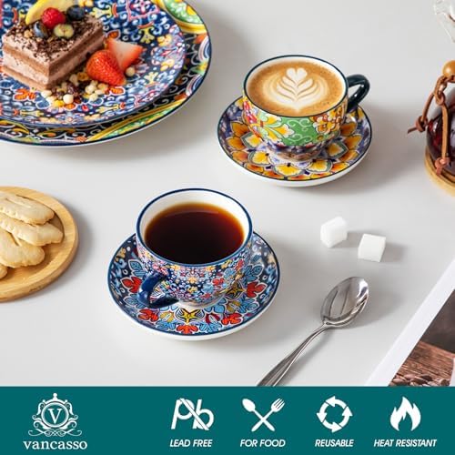 vancasso 8 Oz Cappuccino Cups, Porcelain Tea Cups and Saucers Set of 6