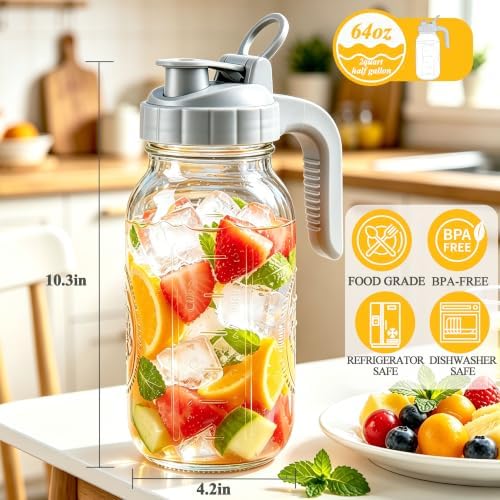 Mason Jar Pitcher with Lid 64oz Airtight&Leak-Proof Glass Iced Tea