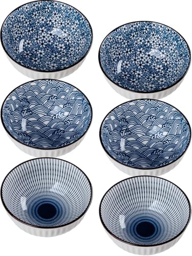 10 oz Small Ceramic Bowls Set of 6, 4.5 Inch Japanese Blue and White