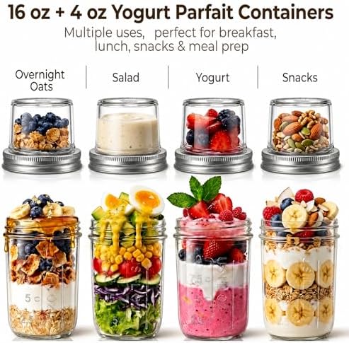 4 Pack 16Oz Glass Overnight Oats Containers with Lids