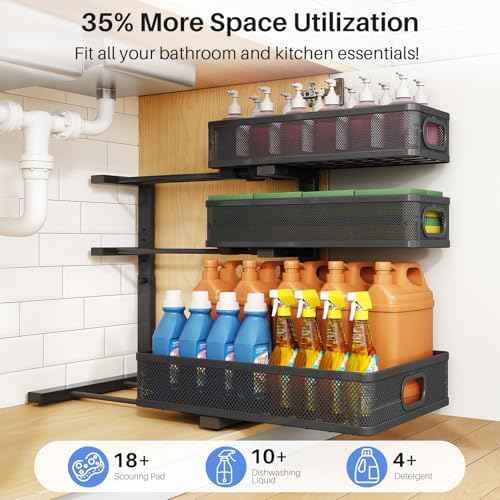 Under Sink Organizer, 3-Tier Thickened Metal Pull out Cabinet Organizer Shelf, Height Adjustable Slide out Storage Drawer Rack for Kitchen Bathroom Pantry Laundry Home Organization, 2-Pack, Black