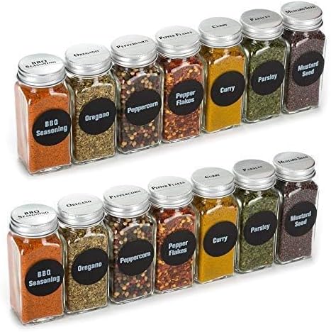 4oz, BEST VALUE 14 Glass Spice Jars includes pre-printed 113 CLEAR PVC