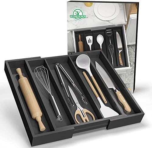 Kitchen Utensil Organizer, Expandable Bamboo Tray, Black